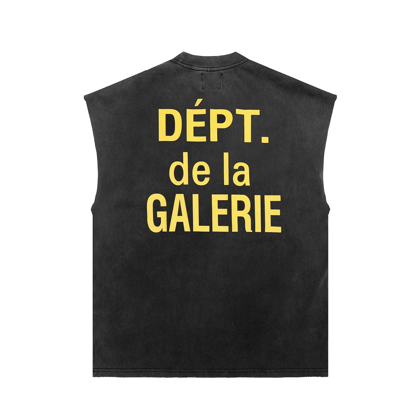 pt model number #G1002 P110 GALLERY DEPT. Old and frayed sleeveless waistcoat short sleeves. Basic black and gold letter printing. Made of 280G double yarn pure cotton. The fabric is comfortable and stylish. After washing and distressing, the upper body becomes more fashionable and cool. The collar and hem are frayed. The US version is too large. Color: washed black. Size S/M/L/XL